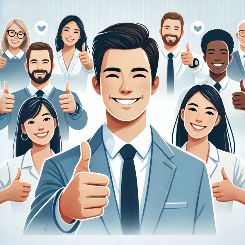 DALL·E 2024 11 28 19.57.54 A professional and inviting customer satisfaction image featuring diverse individuals male and female with happy expressions showing gestures like e1732813102483